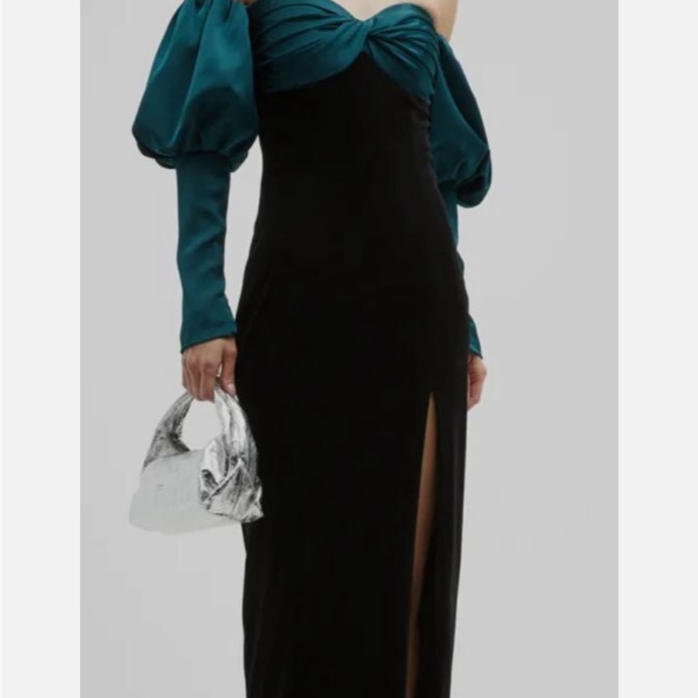 Ronny Kobo Collection Teal and Black One-Shoulder Dress